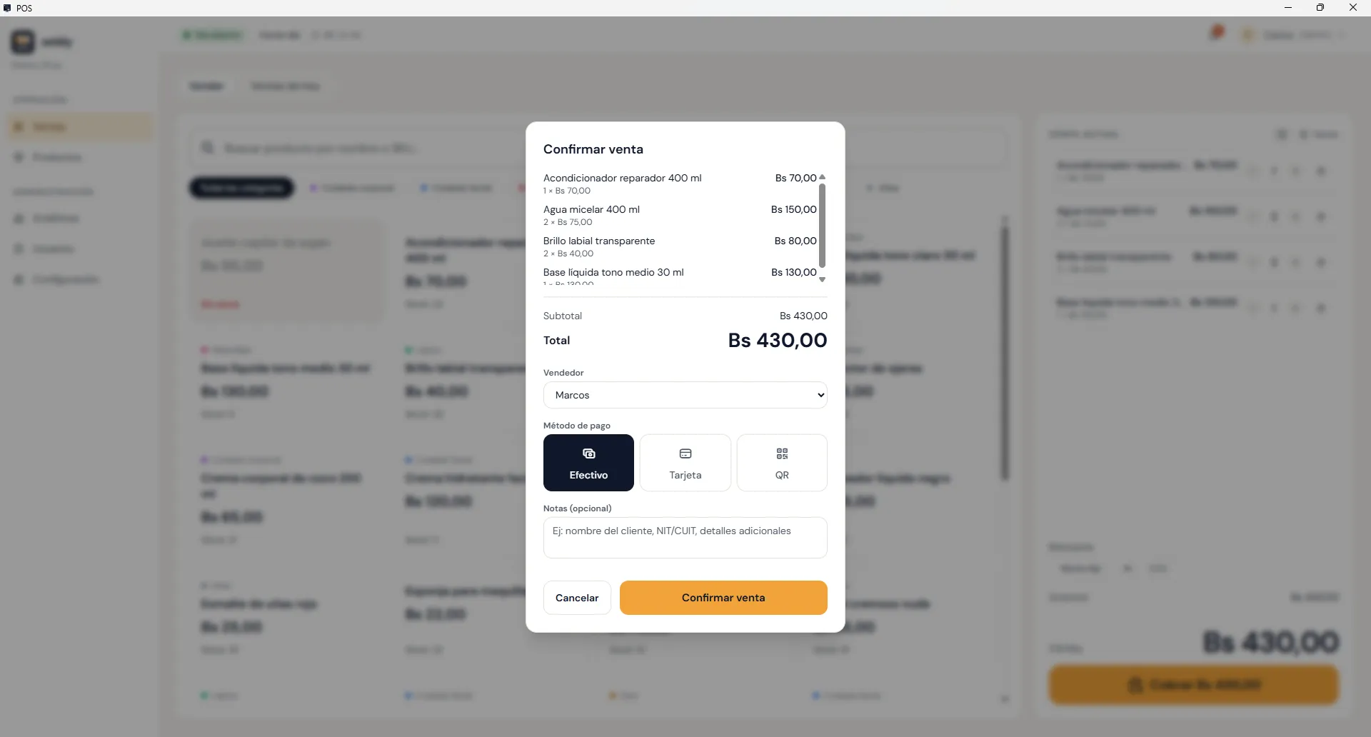 Dialog to confirm a sale with the salesperson and payment method