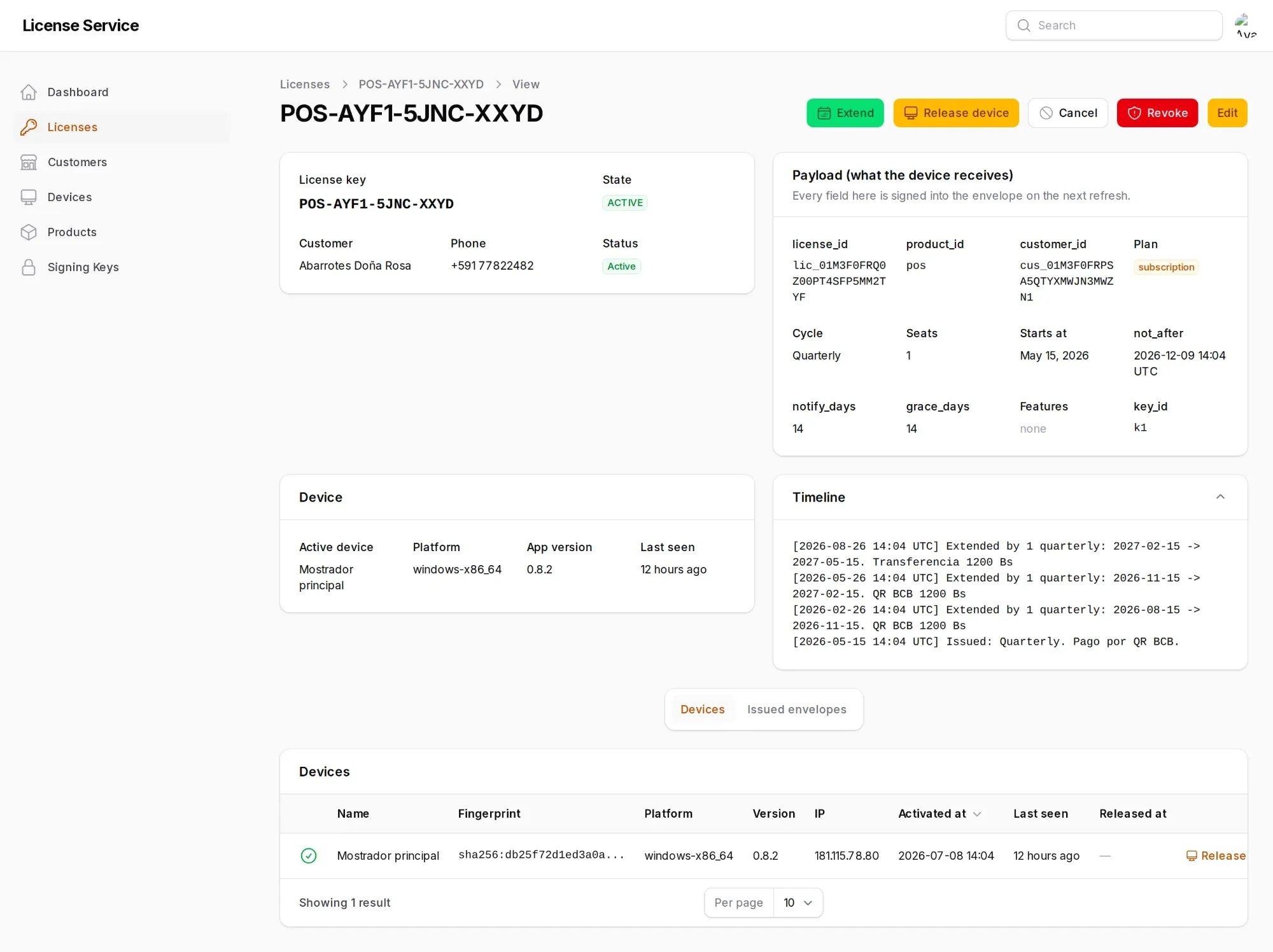 Ficha de una licencia con sus datos, el dispositivo activo y el historial de renovaciones