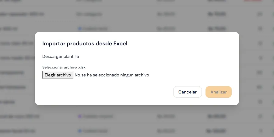 Dialog to import products from an Excel file